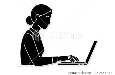 Illustration icon of a woman operating a computer 130866252