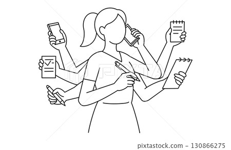 一個圖標描繪了一位習慣於同時接電話和做筆記的多任務處理的女商人 130866275