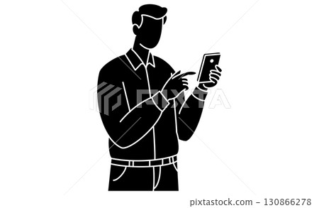 一名男子在行動裝置（智慧型手機）上查看訊息的圖示插圖 130866278