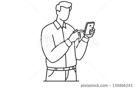 一名男子在行動裝置（智慧型手機）上查看訊息的圖示插圖 130866281