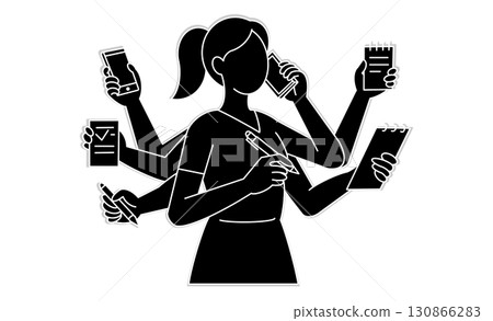 An icon depicting a businesswoman who is accustomed to multitasking by taking calls and taking notes at the same time An icon depicting a businesswoman who is accustomed to multitasking by taking calls and taking notes at the same time 130866283