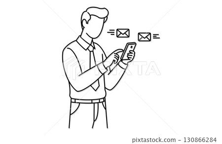 一名男子在行動裝置(智慧型手機)上查看訊息的圖示插圖 一名男子在行動裝置(智慧型手機)上查看訊息的圖示插圖 130866284