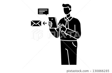 Icon illustration of a man checking messages on a mobile device (smartphone) Icon illustration of a man checking messages on a mobile device (smartphone) 130866285