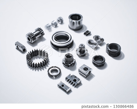 Photograph of precision automotive parts, including gears and shafts 130866486