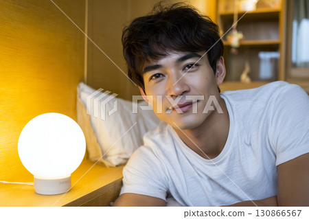 A soothing man in a bedroom with soft lighting and a smile. A male model with a gentle smile lying on the bed in a sweater. 130866567