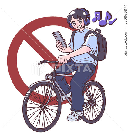一個人戴著耳機並使用智慧型手機騎自行車的插圖 130866874