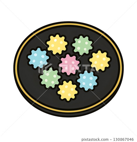 A simple cutout illustration of konpeito sugar lined up on a gold-rimmed black tray 130867046