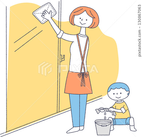 父母和孩子清潔窗戶 父母和孩子清潔窗戶 130867063