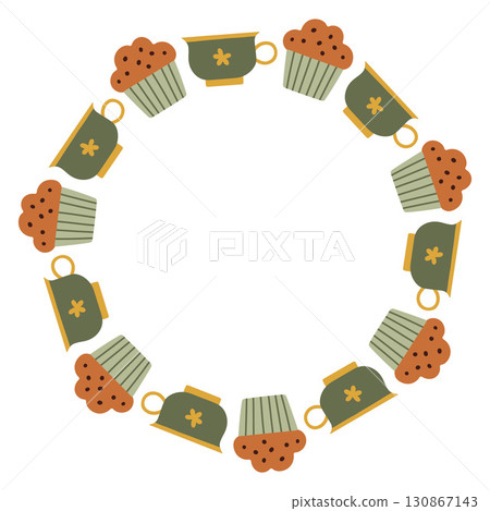 Autumn cupcake and tea cup circle frame. Round border made of doodle hand drawn fall elements. Arranged in a circle for stickers, banners, cards, ads. Vector flat isolated on white background. 130867143