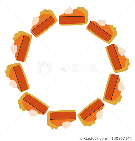 Autumn pumpkin pie circle frame. Round border made of doodle hand drawn fall elements. Arranged in a circle for stickers, banners, cards, ads. Vector flat isolated on white background. 130867144