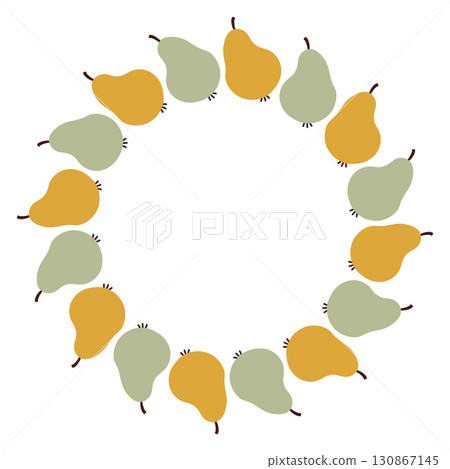 Autumn pear circle frame. Round border made of doodle hand drawn fall pears. The pears are arranged in a circle for stickers, banners, cards, ads. Vector flat isolated on white background. Autumn pear circle frame. Round border made of doodle hand drawn fall pears. The pears are arranged in a circle for stickers, banners, cards, ads. Vector flat isolated on white background. 130867145