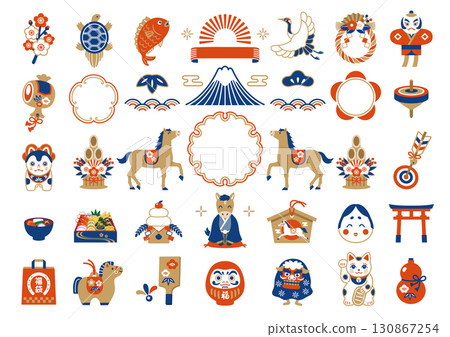 2026 Year of the Horse Japanese-style frame and New Year's lucky charm illustration set 2026 Year of the Horse Japanese-style frame and New Year's lucky charm illustration set 130867254