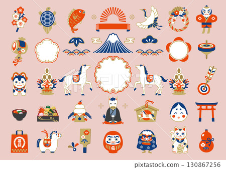 2026 Year of the Horse Japanese-style frame and New Year's lucky charm illustration set 2026 Year of the Horse Japanese-style frame and New Year's lucky charm illustration set 130867256