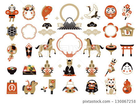 2026 Year of the Horse Japanese-style frame and New Year's lucky charm illustration set 2026 Year of the Horse Japanese-style frame and New Year's lucky charm illustration set 130867258
