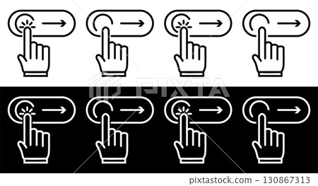 Interactive touchscreen gesture icons for ui design. Thin line unlock swipe right like icon user interface. 130867313