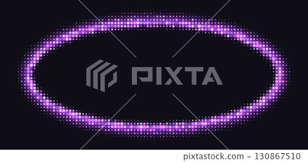 Purple halftone frames, glowing circle borders, round pattern with dots, radial disco luxury design element. Purple halftone frames, glowing circle borders, round pattern with dots, radial disco luxury design element. 130867510