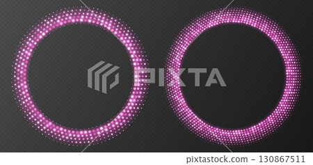 Pink halftone frames, glowing circle borders, round pattern with dots, radial disco luxury design element. 130867511