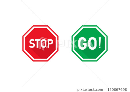 Stop and Go Signs Circular Icons Displaying in Red and Blue with Long Shadow. 130867698