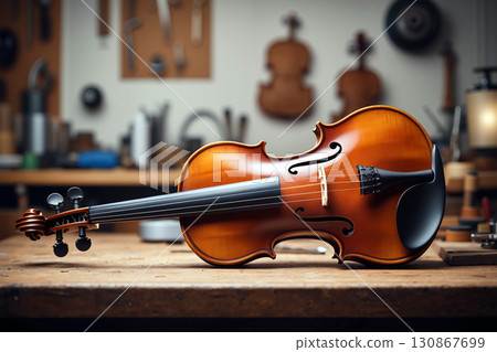 Beautifully Crafted Violin Resting on a Workbench in a Woodshop During the Day 130867699