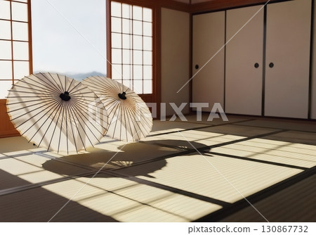 A folding umbrella spread out in a Japanese-style room 130867732