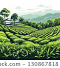 an AI Image Generator, Lush Rolling Tea Plantation Fields with Scenic Mountains and Rustic Shelters 130867818