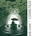 an AI Image Generator, Silhouette of Man Rowing Under Umbrellas in a Serene Bamboo Grove 130867826