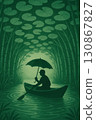 an AI Image Generator, Silhouette of Man Rowing Under Umbrellas in a Serene Bamboo Grove 130867827