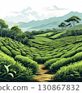 an AI Image Generator, Lush Rolling Tea Plantation Fields with Scenic Mountains and Rustic Shelters 130867832