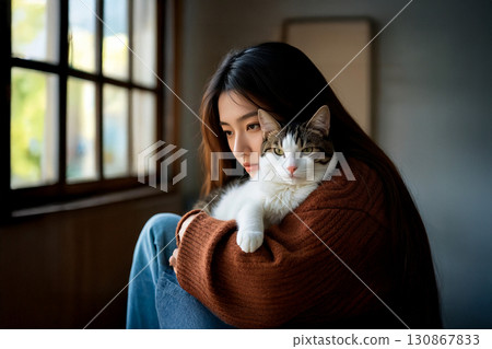 Young woman sits alone with a kitten in her arms as a companion during her loneliness. 130867833