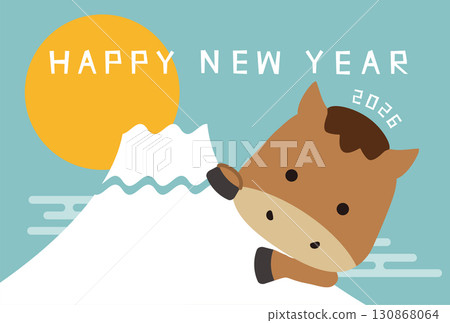 New Year's Card 2026 - Horse Popping Out from Mt. Fuji - Light Blue - Sunrise New Year's Card 2026 - Horse Popping Out from Mt. Fuji - Light Blue - Sunrise 130868064