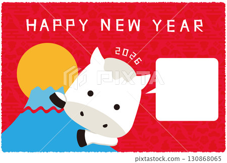 New Year's card 2026 - Horse popping out from Mt. Fuji - Red speech bubble New Year's card 2026 - Horse popping out from Mt. Fuji - Red speech bubble 130868065