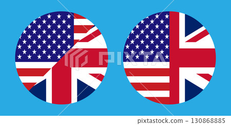 Round Icon American and British Flags Intertwined, Representing Cultural Exchange. Round Icon American and British Flags Intertwined, Representing Cultural Exchange. 130868885