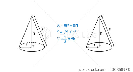 Right circular cone formula geometry mathematics shape for uses education and science. 130868978