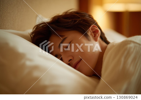 Japanese man in deep sleep in bed (Medical, Wellness, Lifestyle) 130869024