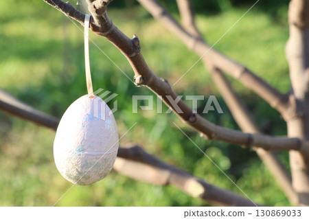A Beautiful Decorative Egg Elegantly Hanging on a Tree Branch During the Lovely Spring Season A Beautiful Decorative Egg Elegantly Hanging on a Tree Branch During the Lovely Spring Season 130869033