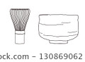 Hand-drawn line drawing illustration of a tea whisk and tea bowl 130869062