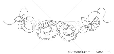 Scallops in shell with slice of lemon and mint leaves, drawn with continuous line in minimalism, abstract, seafood, delicacy, one line, editable vector contour Scallops in shell with slice of lemon and mint leaves, drawn with continuous line in minimalism, abstract, seafood, delicacy, one line, editable vector contour 130869080