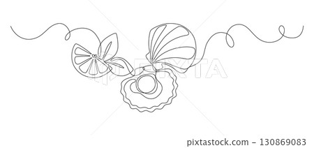 Scallop in shell with slice of lemon and leaves, drawn with continuous line in minimalism, abstract, seafood, delicacy, one line, editable vector contour Scallop in shell with slice of lemon and leaves, drawn with continuous line in minimalism, abstract, seafood, delicacy, one line, editable vector contour 130869083