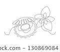 Scallop in a shell with mint leaves, drawn with continuous line in minimalism, abstract, seafood, one line, editable vector contour 130869084