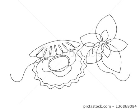 Scallop in a shell with mint leaves, drawn with continuous line in minimalism, abstract, seafood, one line, editable vector contour 130869084