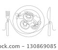 Dish with scallops in shell with slice of lemon and mint leaves, drawn with continuous line in minimalism, abstract, seafood, delicacy, plate, fork, knife, one line, editable vector contour 130869085
