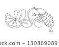 Shrimp with slice of lemon and leaves, drawn with continuous line in minimalism, abstract, krill, seafood, delicacy, one line, editable vector contour 130869089
