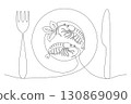 Dish with shrimp and mint leaves, drawn with continuous line in minimalism, abstract, seafood, delicacy, plate, fork, knife, one line, editable vector contour 130869090