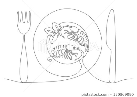 Dish with shrimp and mint leaves, drawn with continuous line in minimalism, abstract, seafood, delicacy, plate, fork, knife, one line, editable vector contour Dish with shrimp and mint leaves, drawn with continuous line in minimalism, abstract, seafood, delicacy, plate, fork, knife, one line, editable vector contour 130869090