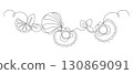 Scallops in shell with slice of lemon and mint leaves, drawn with continuous line in minimalism, abstract, seafood, delicacy, one line, editable vector contour 130869091