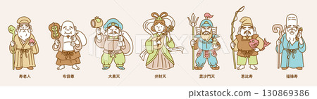 可愛的七福神線描向量插圖集 130869386