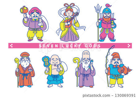 色彩繽紛、流行可愛的線條畫向量插圖集七福神 130869391
