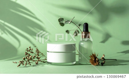 Cream jar and dropper with green background 130869467