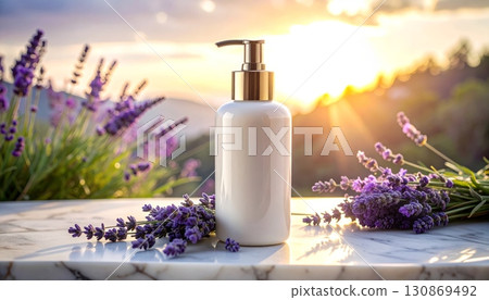 Shampoo bottle and lavender flowers Shampoo bottle and lavender flowers 130869492