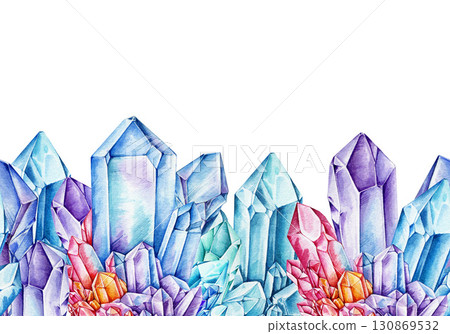 Crystal seamless border decor ornamental element watercolor illustration. Hand drawn vibrant rainbow color gemstone vintage style mineral horizontal decoration isolated on white background 130869532
